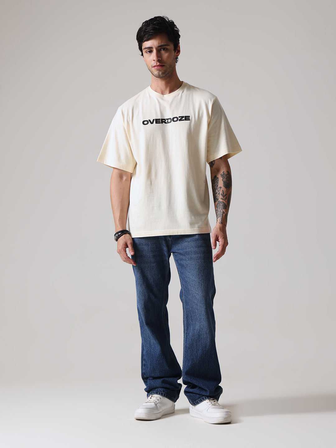 Beige Signature Black Logo Oversize Fit Cotton Unisex T-Shirt