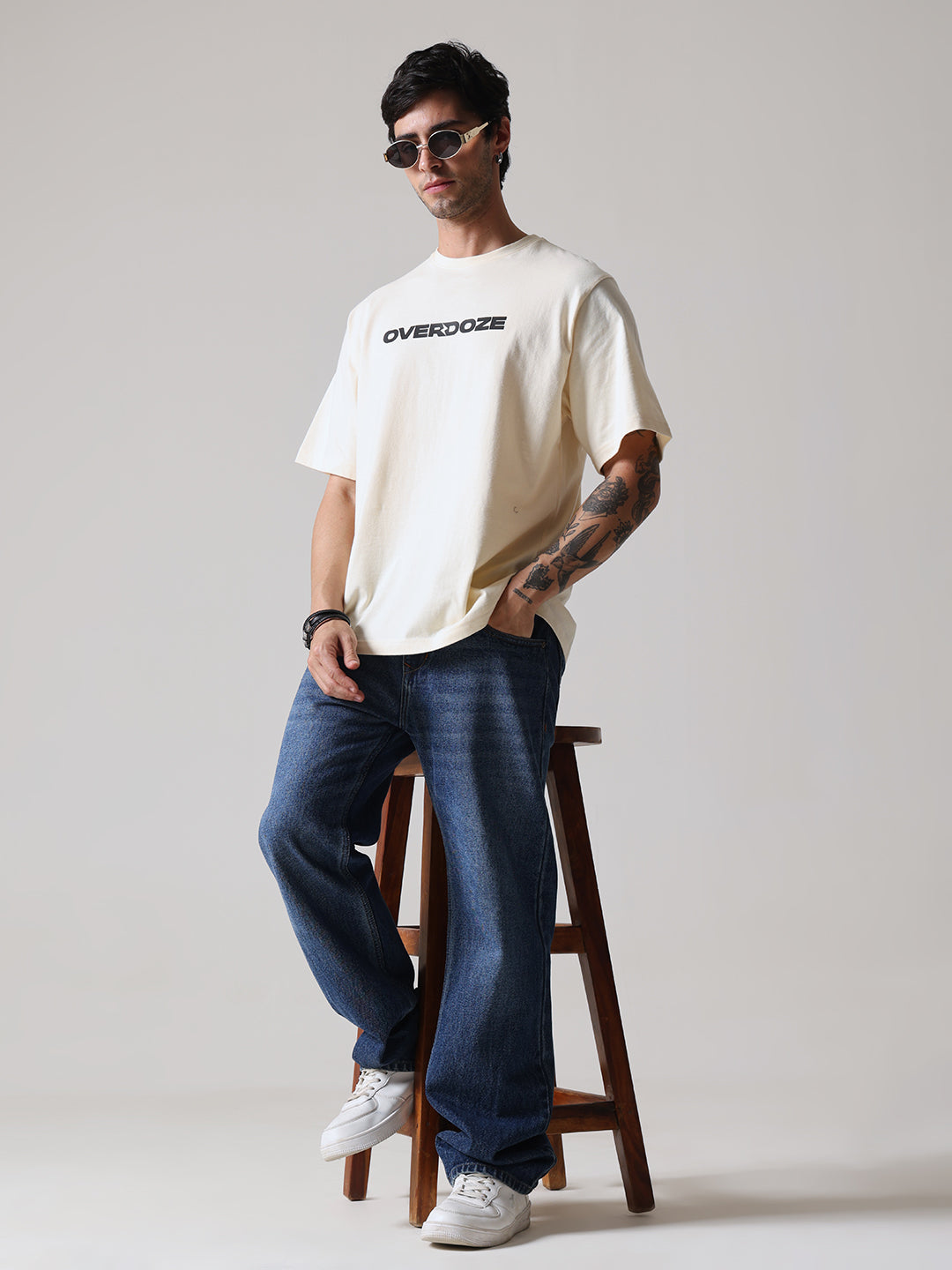 Beige Signature Black Logo Oversize Fit Cotton Unisex T-Shirt