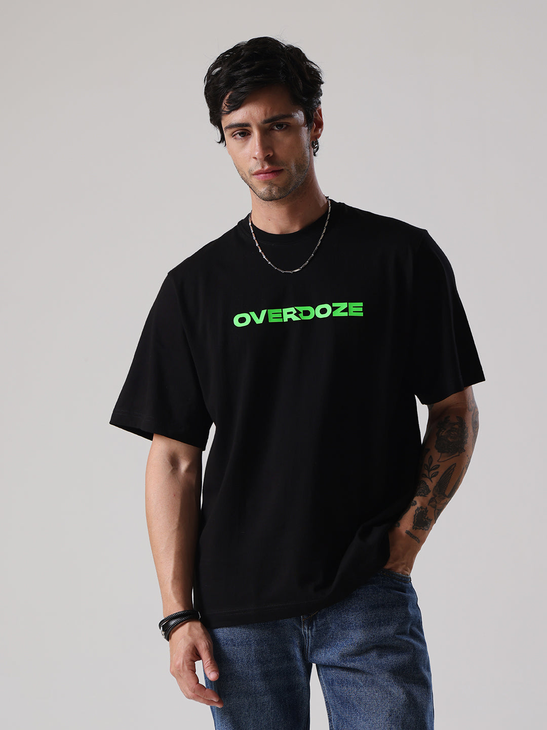Black Signature Green Logo Oversize Fit Cotton Unisex T-Shirt