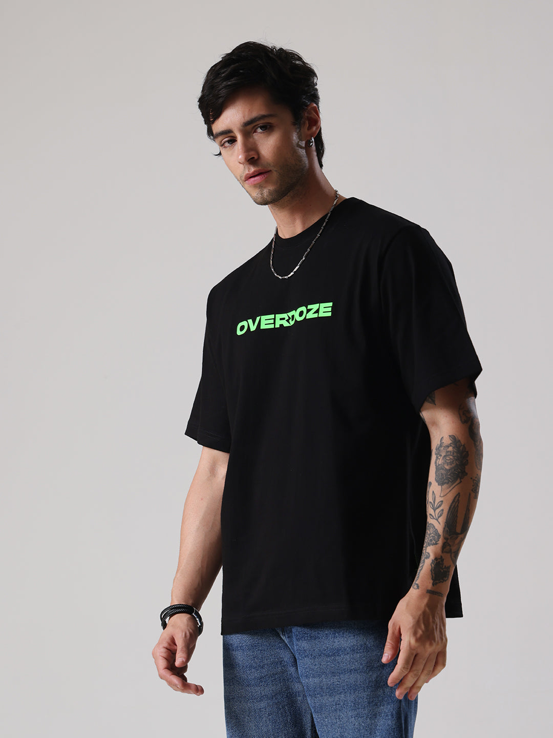 Black Signature Green Logo Oversize Fit Cotton Unisex T-Shirt