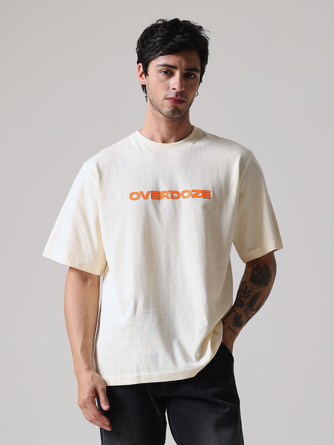 Beige Signature Orange Logo Oversize Fit Cotton Unisex T-Shirt