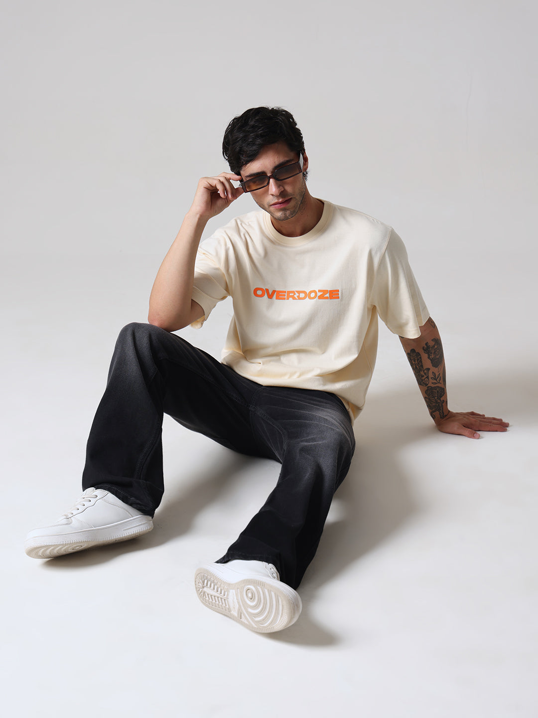 Beige Signature Orange Logo Oversize Fit Cotton Unisex T-Shirt