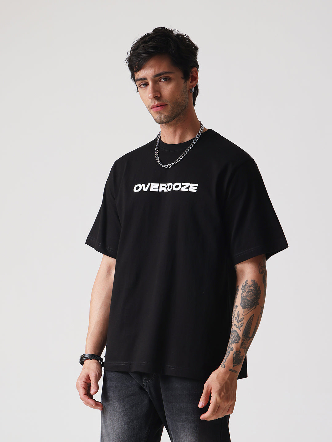 Black Signature White Logo Oversize Fit Cotton Unisex T-Shirt
