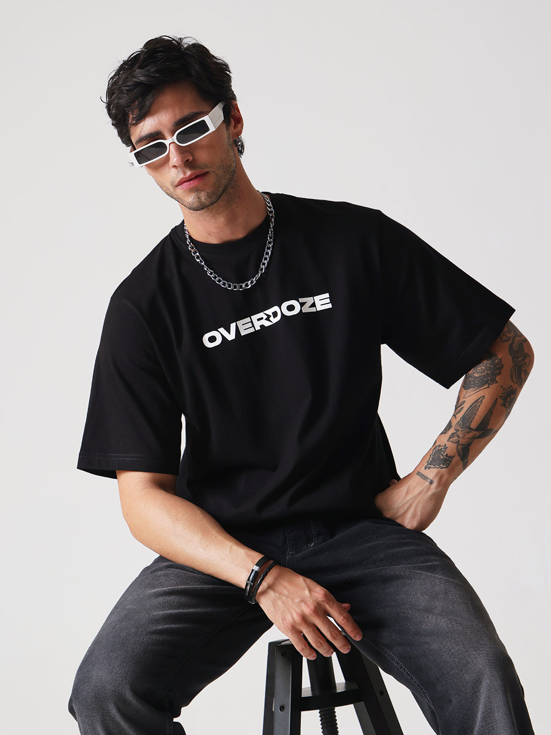 Black Signature White Logo Oversize Fit Cotton Unisex T-Shirt