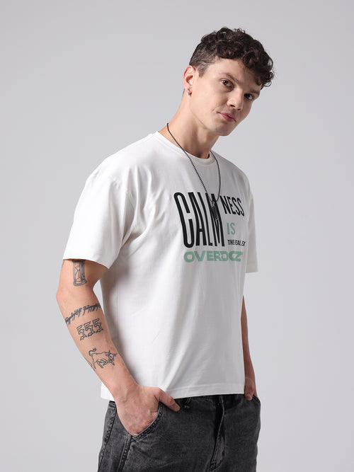 Calmness ' Real Flex' Off White Box Fit Printed Cotton T-shirt For Men