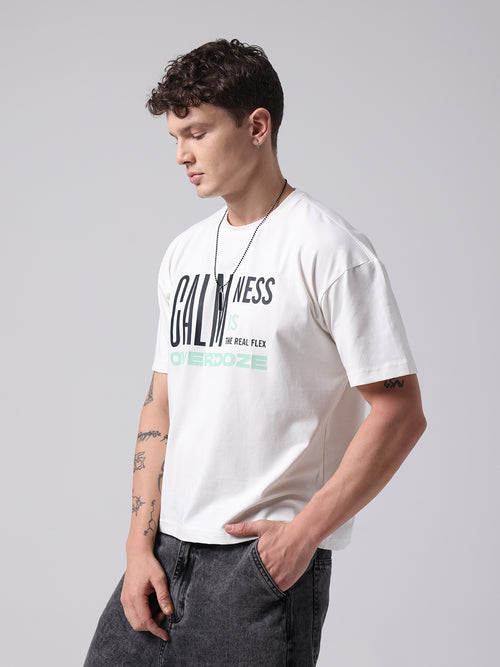 Calmness ' Real Flex' Off White Box Fit Printed Cotton T-shirt For Men