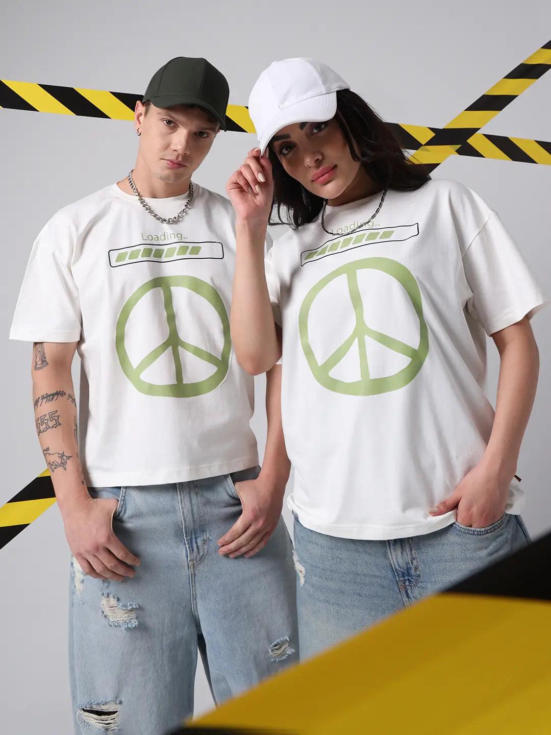 Loading Peace Sign Boxy Fit Printed White Cotton Unisex T-shirt