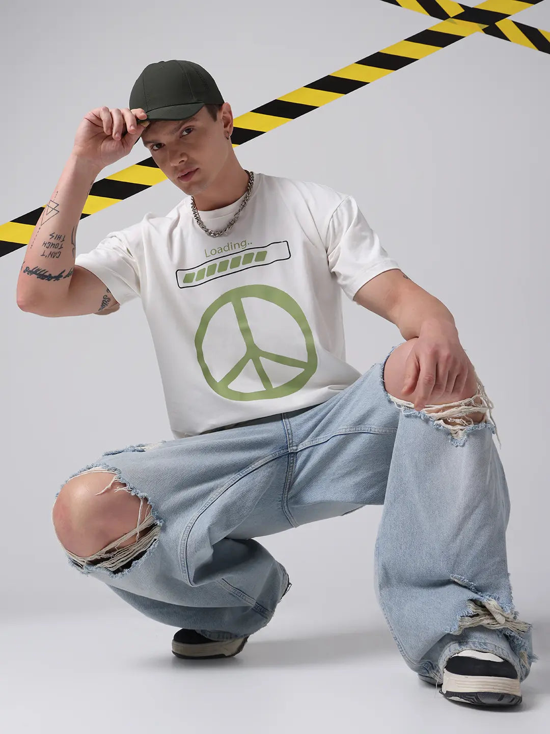 Loading Peace Sign Boxy Fit Printed White Cotton Unisex T-shirt