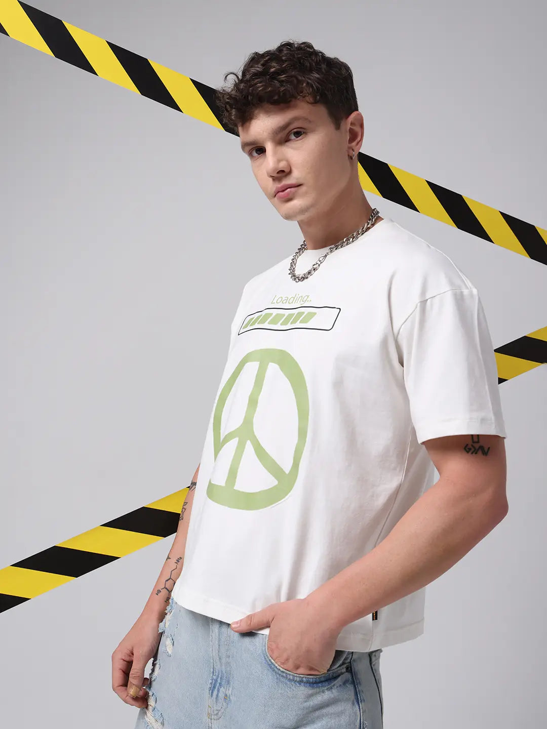 Loading Peace Sign Boxy Fit Printed White Cotton Unisex T-shirt