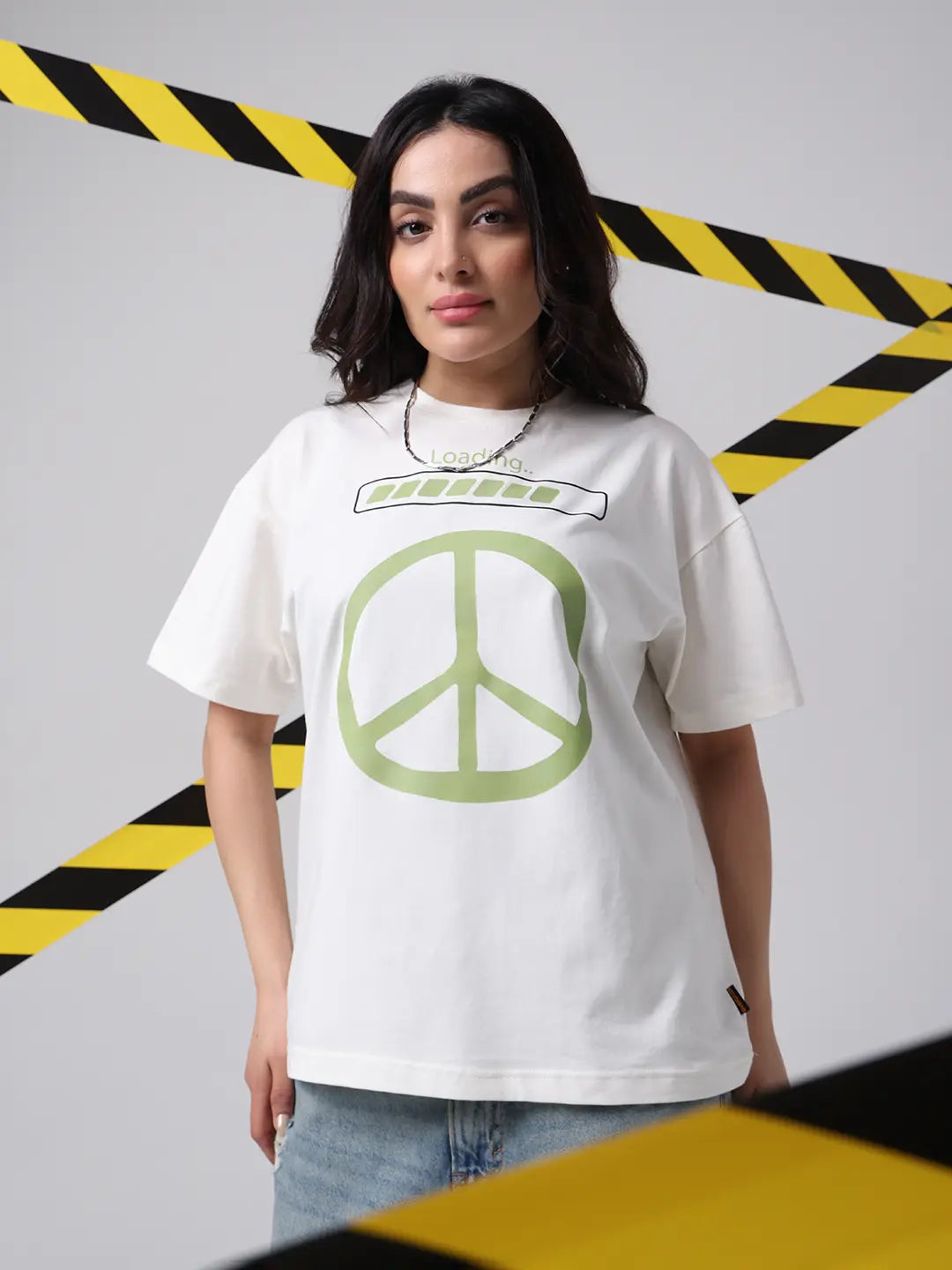 Loading Peace Sign Boxy Fit Printed White Cotton Unisex T-shirt