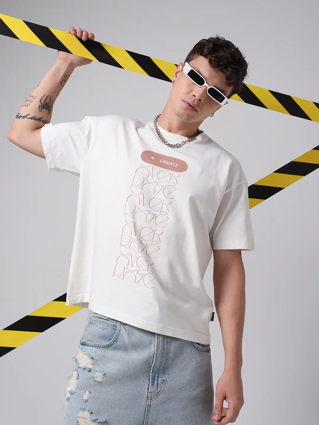Create Slogan Designed Off White Boxy Fit Cotton T-shirt For Unisex