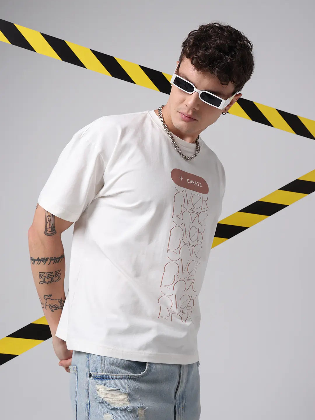 Create Slogan Designed Off White Boxy Fit Cotton T-shirt For Unisex