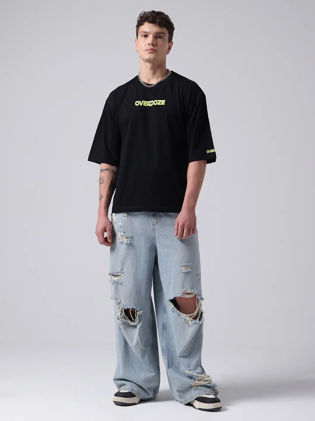 Black Premium Brand Logo Printed Drop Shoulder Cotton T shirt for Men