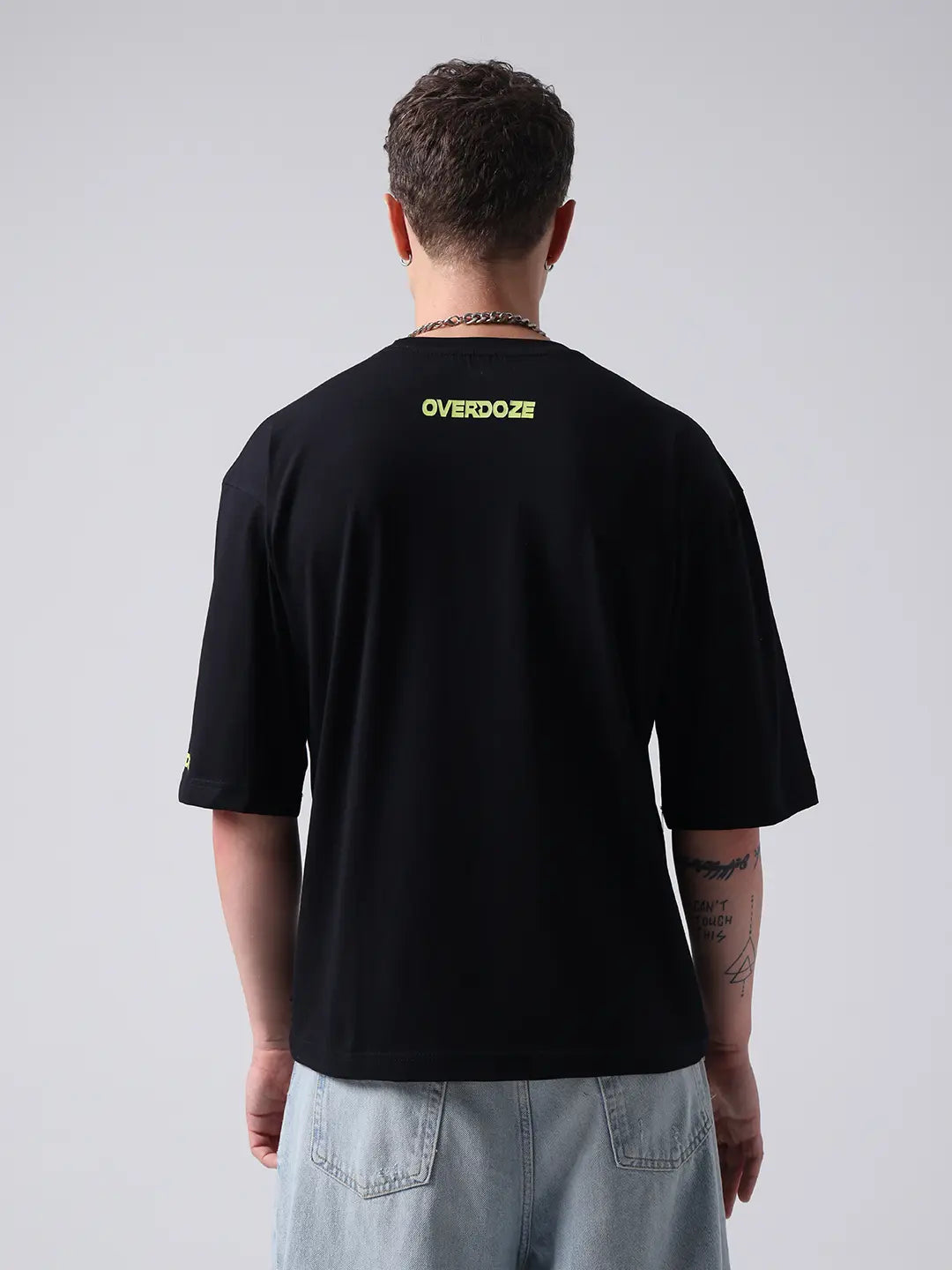 Black Premium Brand Logo Printed Drop Shoulder Cotton T shirt for Men