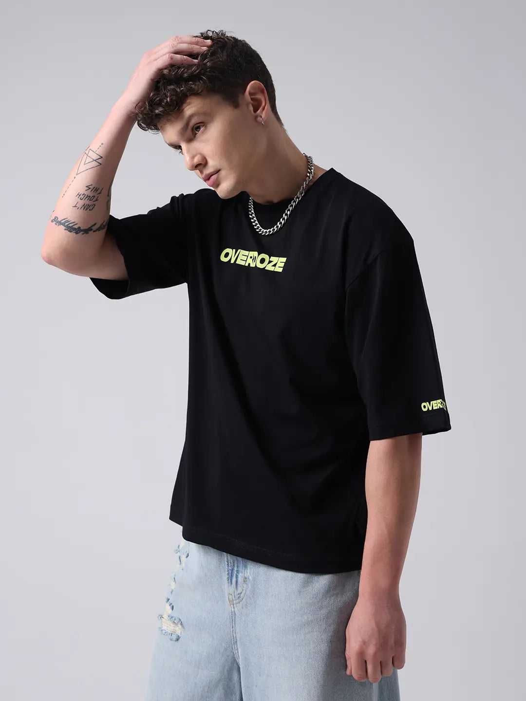 Black Premium Brand Logo Printed Drop Shoulder Cotton T shirt for Men