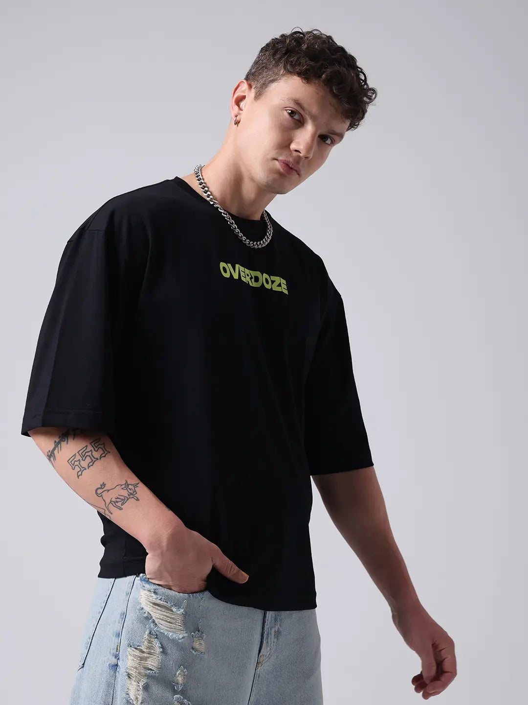 Black Premium Brand Logo Printed Drop Shoulder Cotton T shirt for Men
