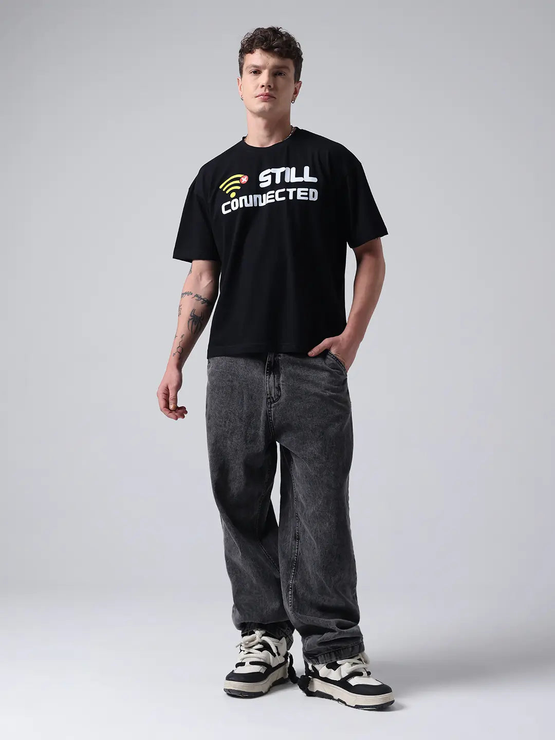 Still Stay Connected Black Relaxed Boxy Fit Unisex Cotton T shirt