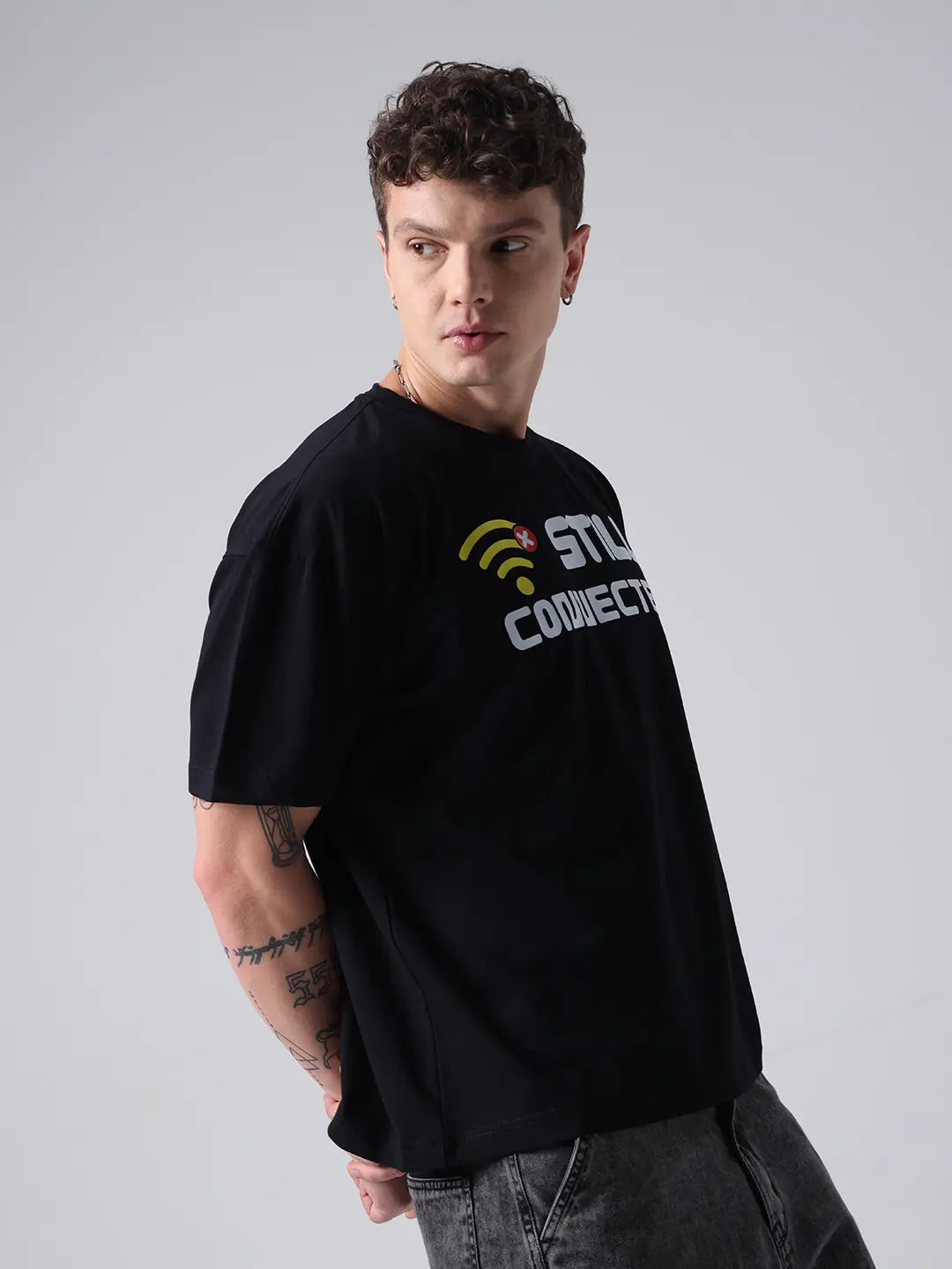 Still Stay Connected Black Relaxed Boxy Fit Unisex Cotton T shirt