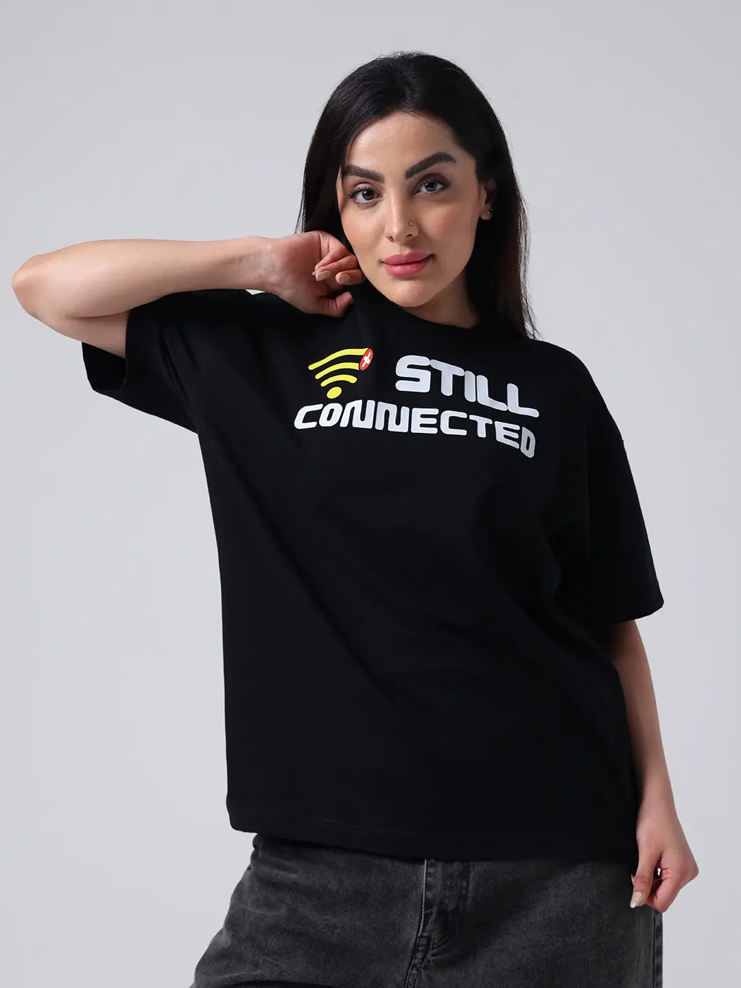 Still Stay Connected Black Relaxed Boxy Fit Unisex Cotton T shirt