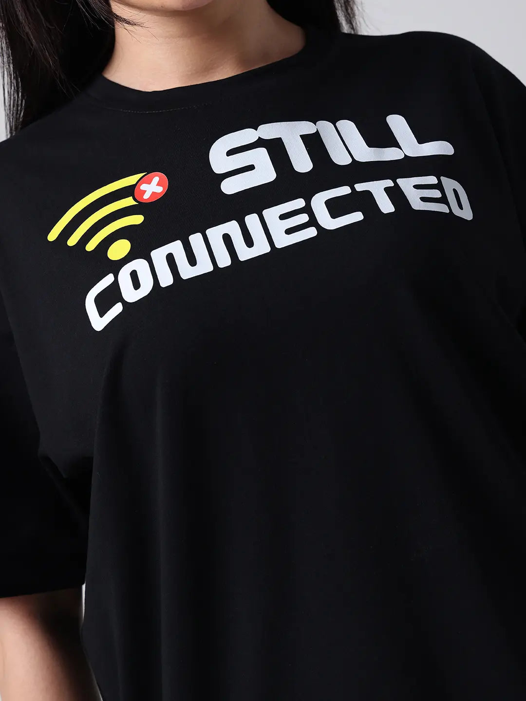 Still Stay Connected Black Relaxed Boxy Fit Unisex Cotton T shirt