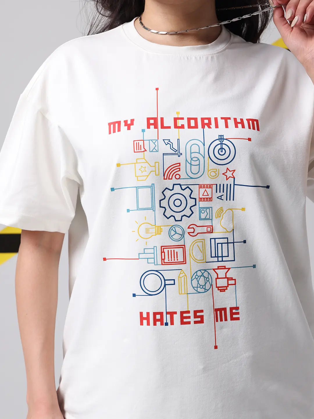My Algorithm Hates Me Hustle Printed Boxy Fit Cotton Unisex Off White T shirt