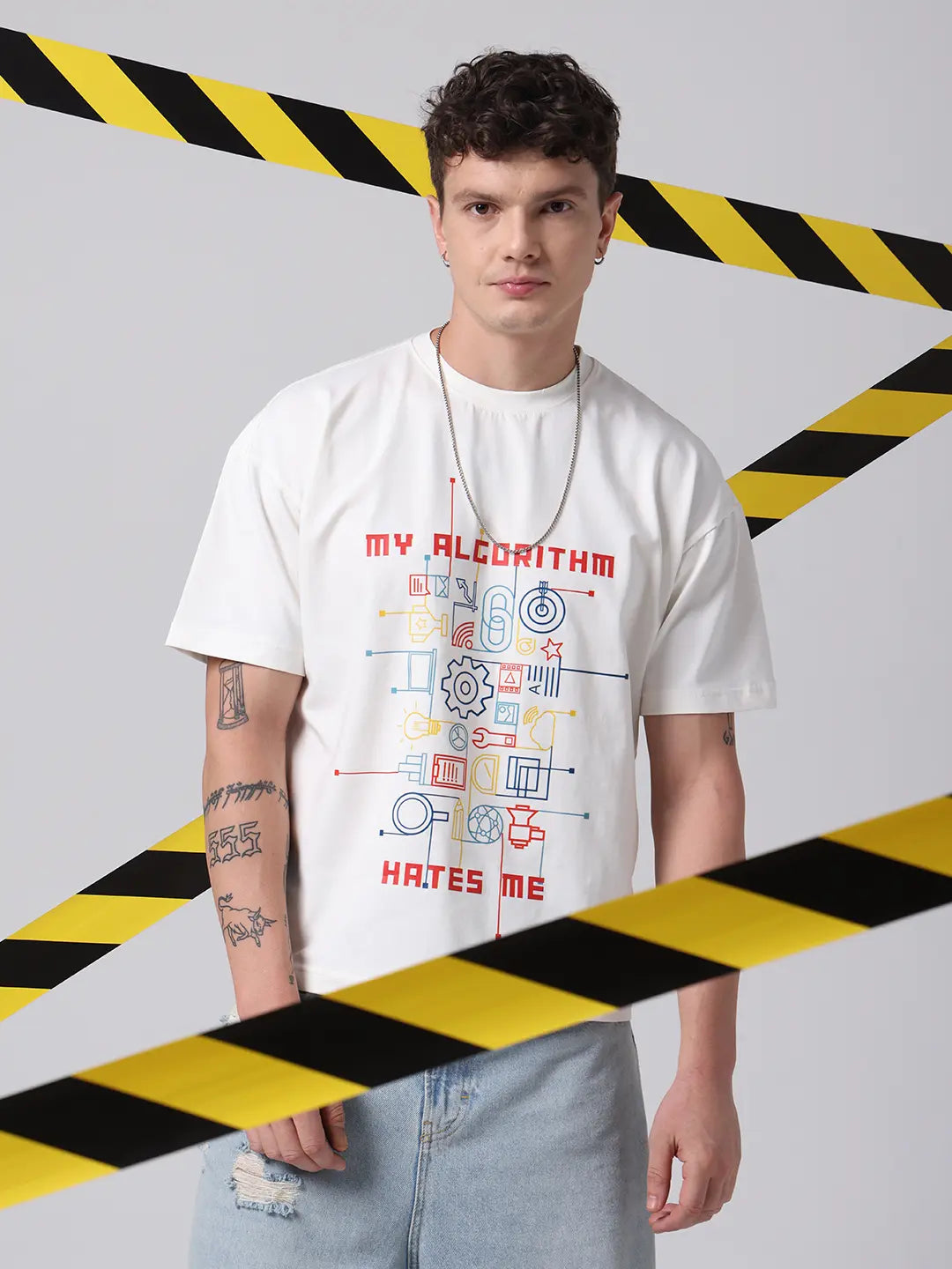 My Algorithm Hates Me Hustle Printed Boxy Fit Cotton Unisex Off White T shirt