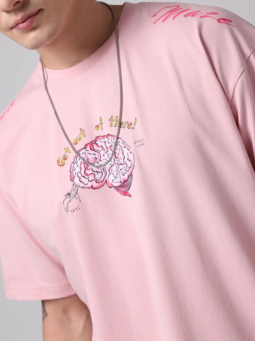 Mind Maze Complex Overthinking Printed Cotton Pink Oversized T shirt