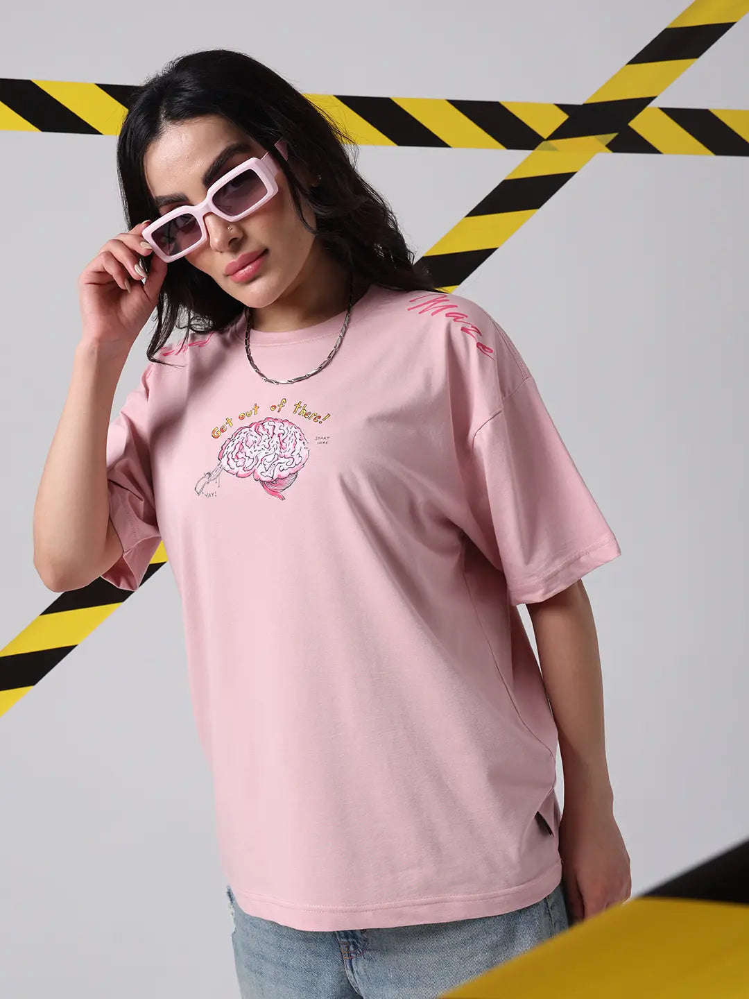 Mind Maze Complex Overthinking Printed Cotton Pink Oversized T shirt