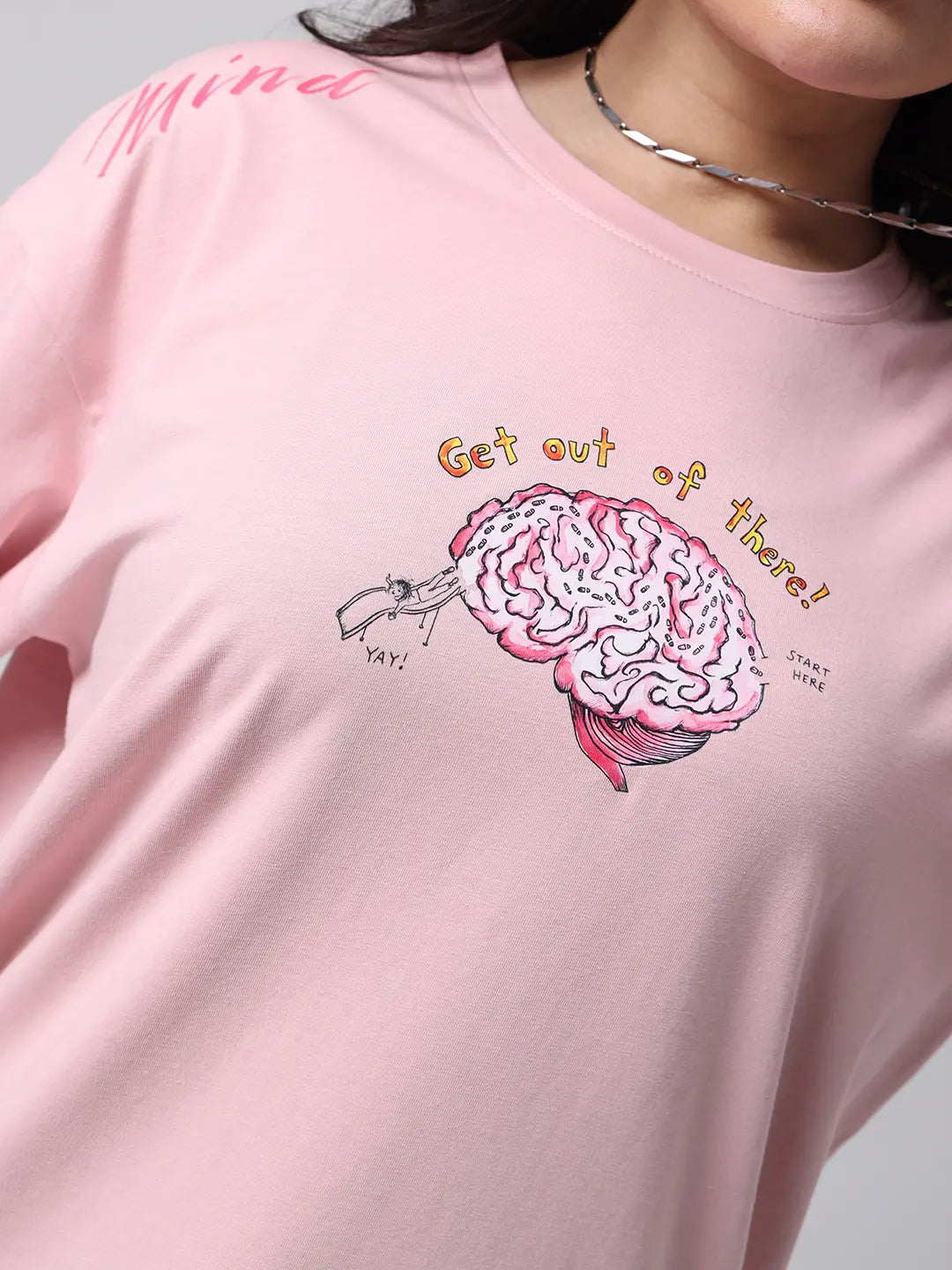 Mind Maze Complex Overthinking Printed Cotton Pink Oversized T shirt