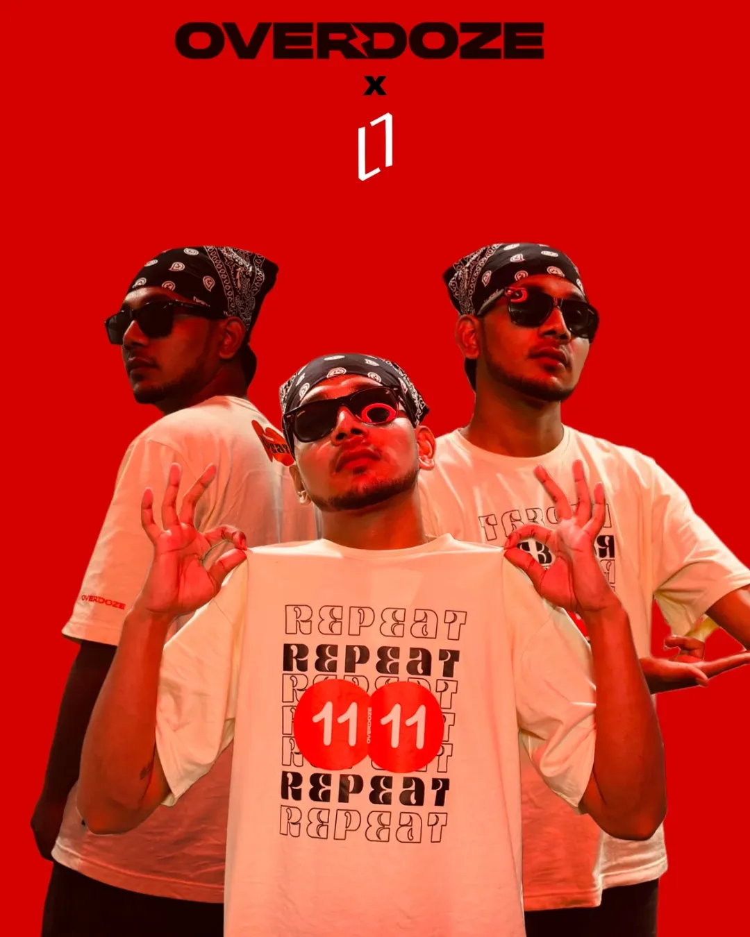 Three people wearing matching outfits with 'Overdoze' branding on a red background